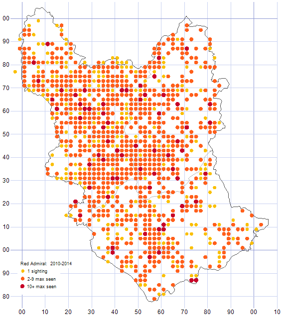 Red Admiral distribution map 2010-14