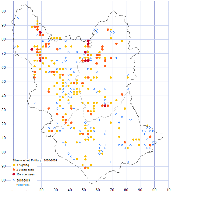 Silver-washed Fritilary distribution map comparison of 2010-24