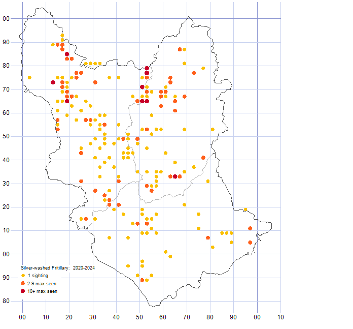 Silver-washed Fritilary distribution map comparison of 2020-24